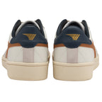 Rear view of a pair of off-white and brown Gola sneakers with navy heel tabs.