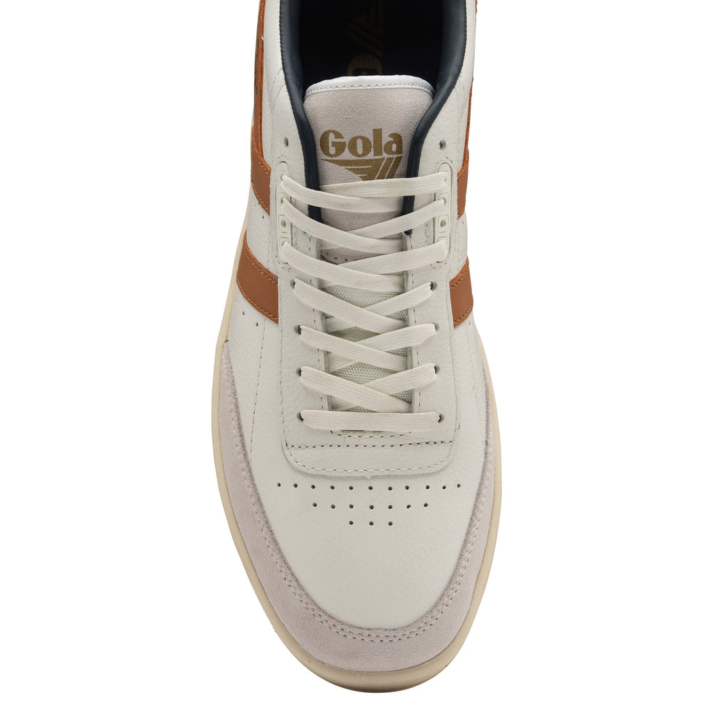 Top-down view of an off-white and brown Gola sneaker with white laces.