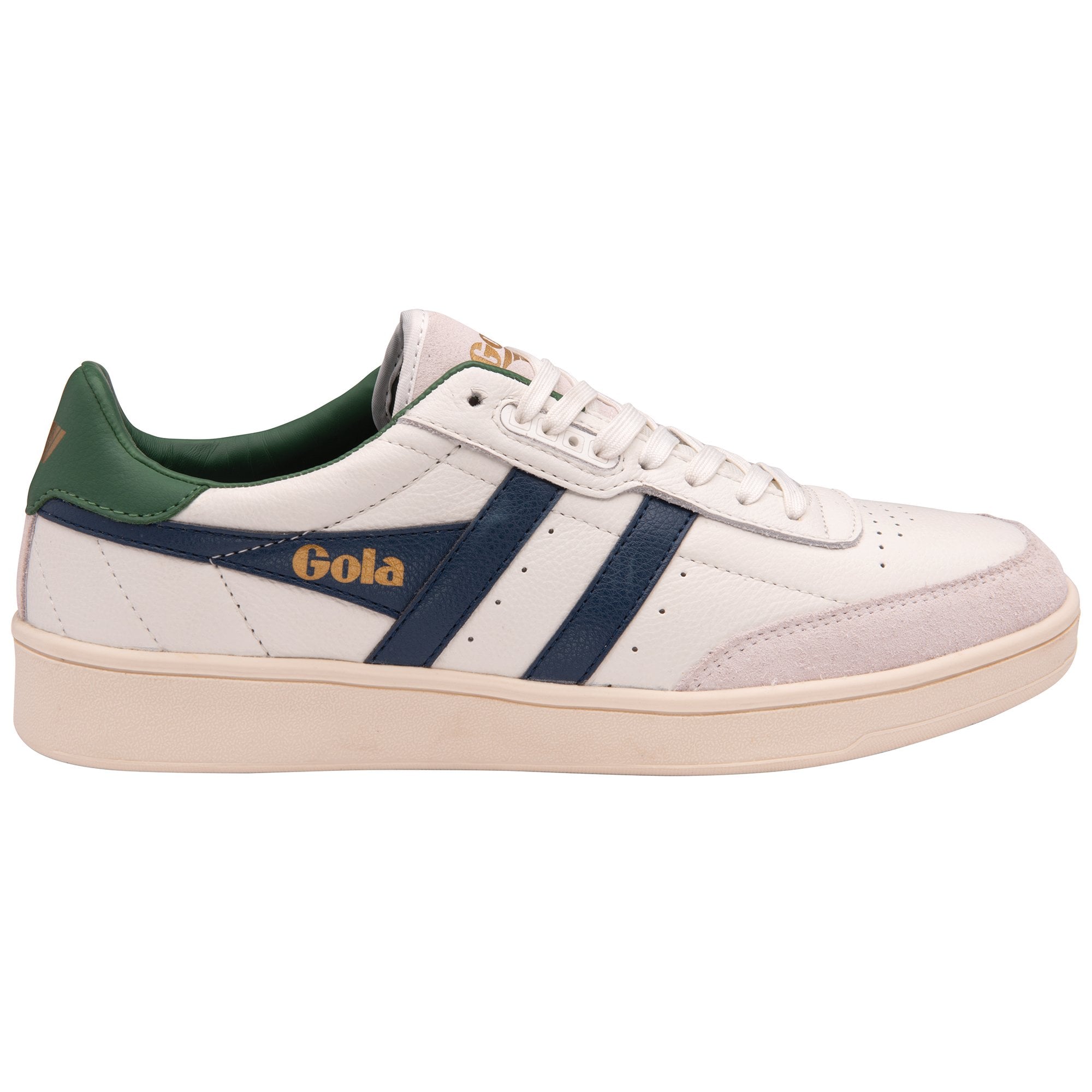 Side profile of a Gola men's sneaker in off-white with navy stripes and a green heel.