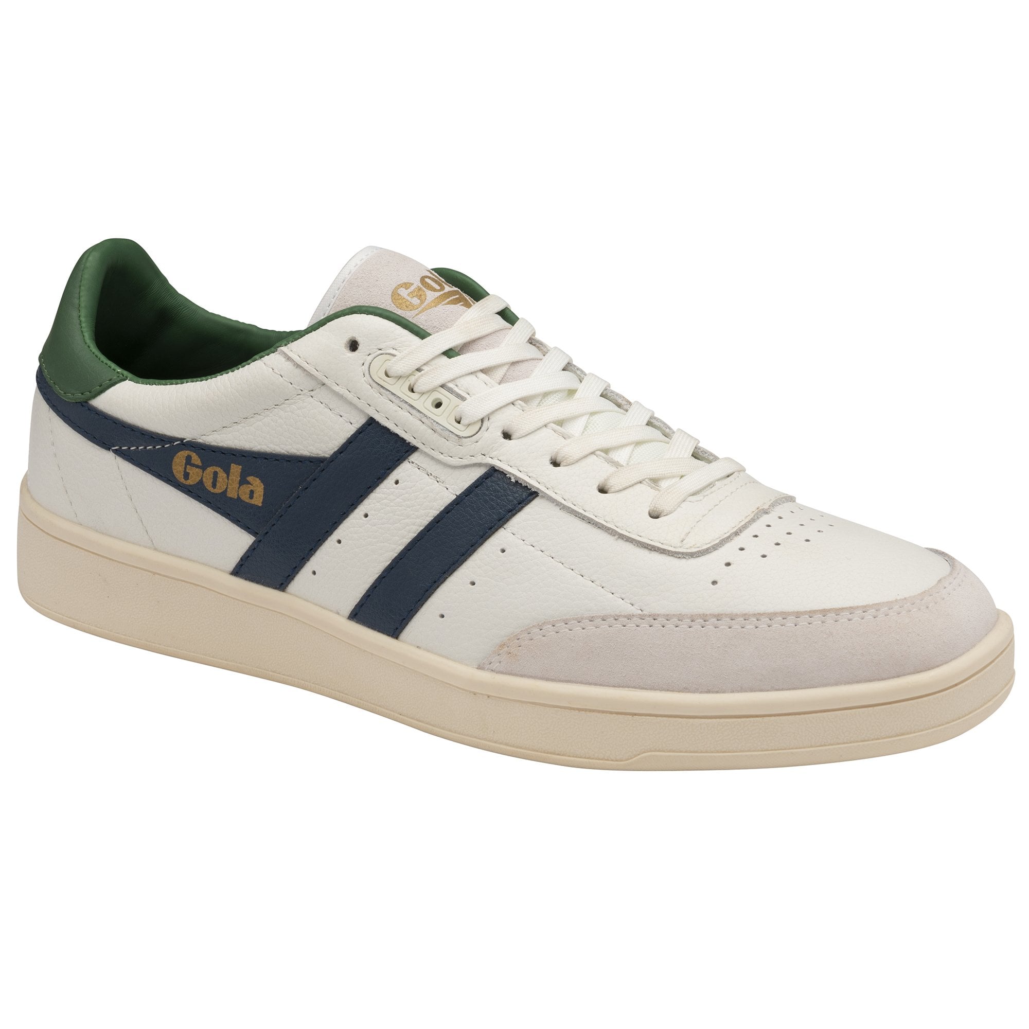 Angled view of a Gola men's sneaker in off-white with navy stripes and a green heel.