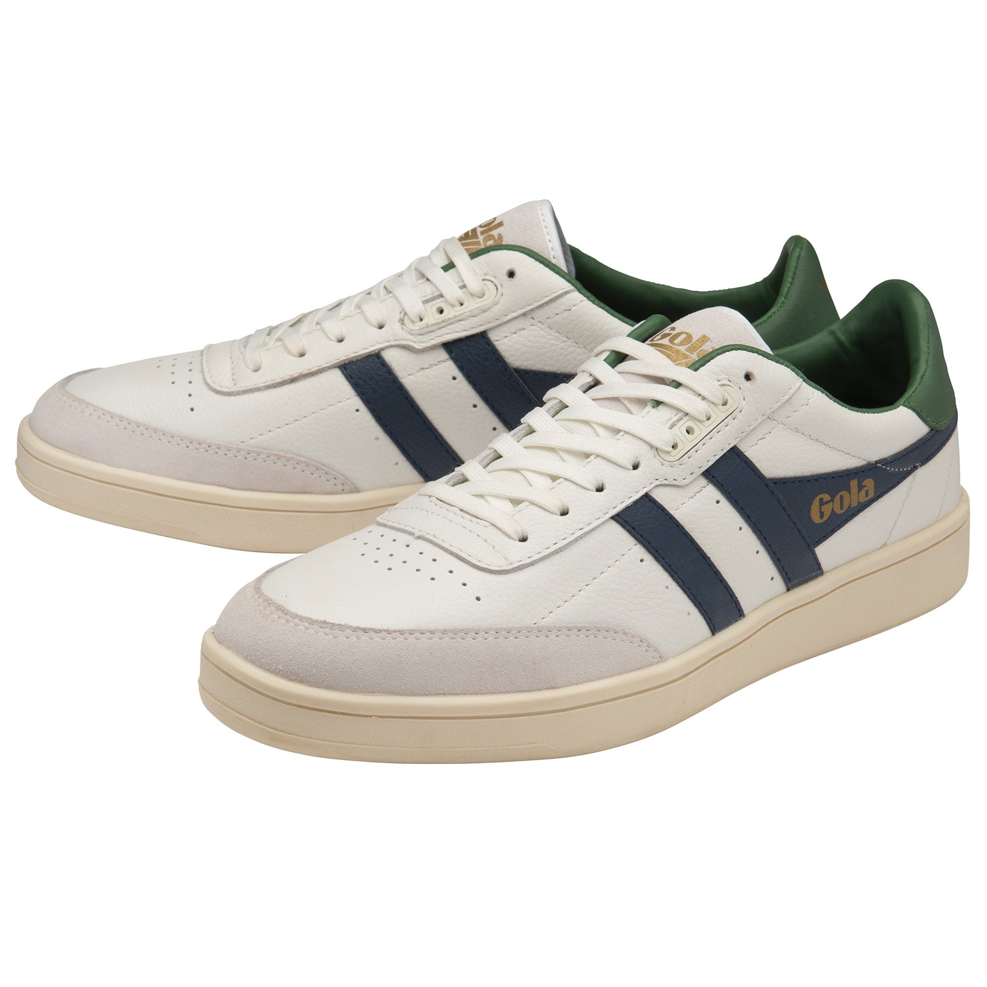 Pair of Gola men's sneakers in off-white with navy stripes and green heels.