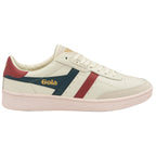 Side view of a single white Gola sneaker with red and blue stripes, and a red heel accent.