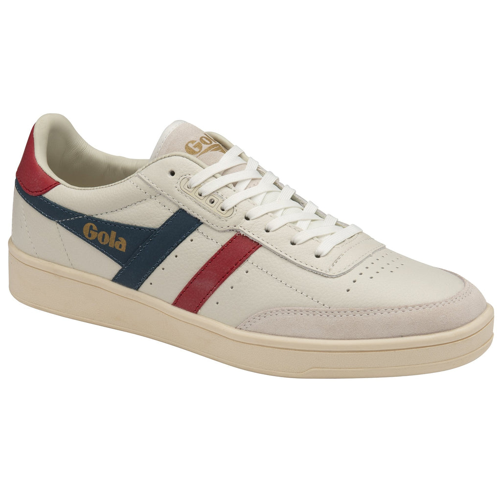 Side view of a single white Gola sneaker with red and blue stripes and white laces.