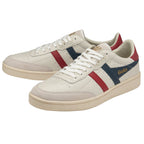Pair of white Gola sneakers with red and blue stripes, and white laces, shown from the side.