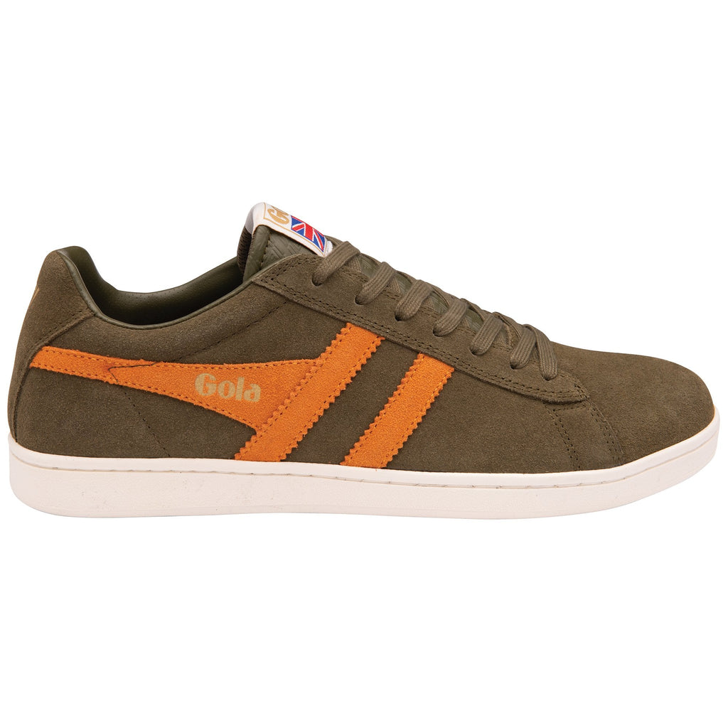A single Gola low-top sneaker in olive green suede with orange stripes on the side.