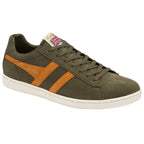 A Gola low-top sneaker in olive green with orange stripes and a Union Jack on the tongue.