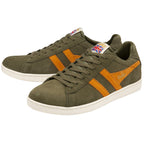 A pair of olive green Gola low-top sneakers with orange stripes and Union Jack on the tongue.