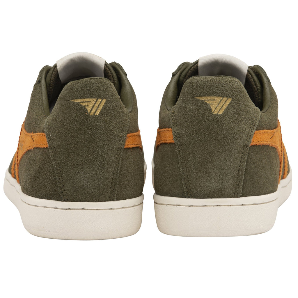 The back view of a pair of Gola low-top sneakers in olive green with orange stripes.