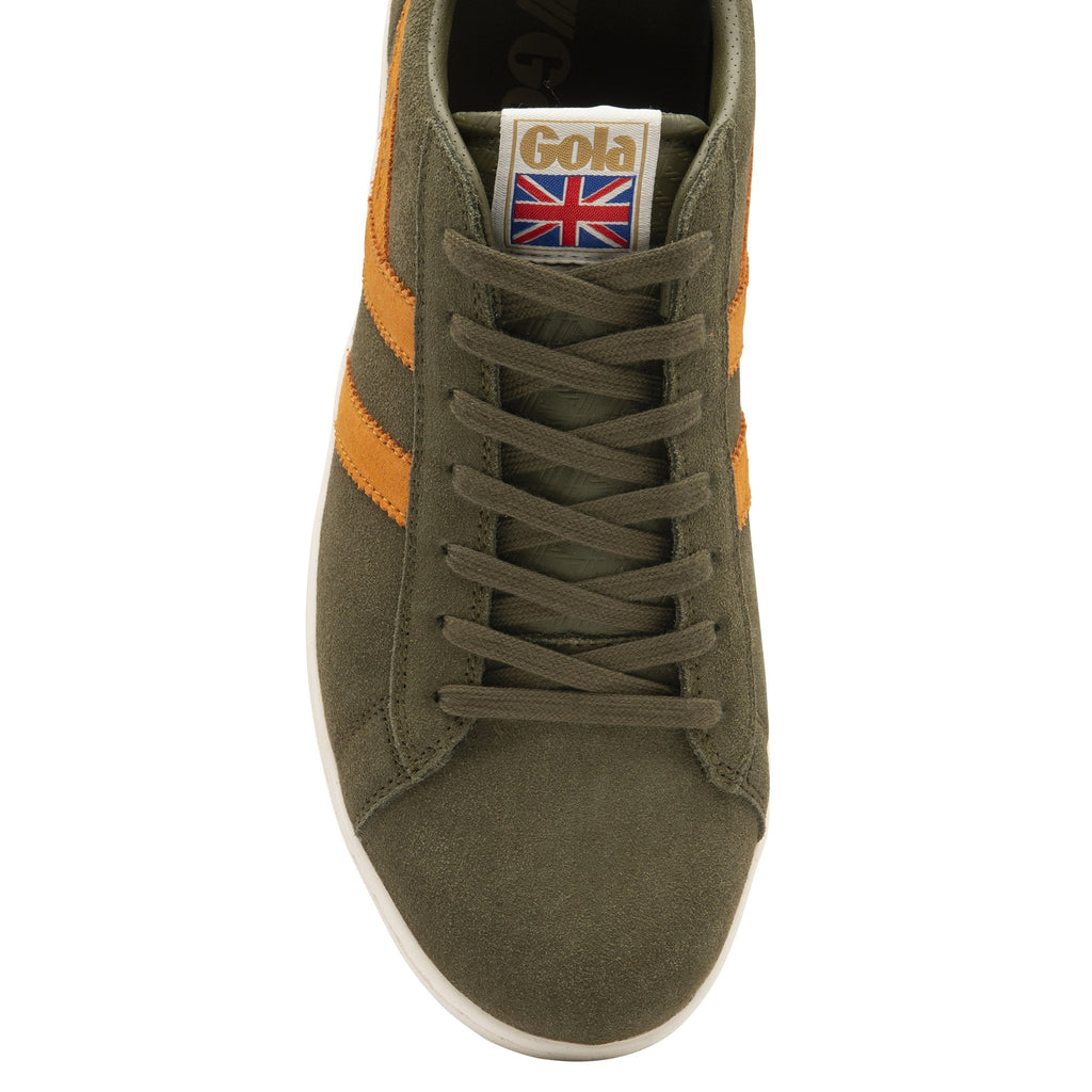A top-down view of a single Gola low-top sneaker in olive green with orange stripes.