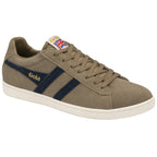 Angled view of a brown suede Gola trainer with navy blue stripes, logo, and Union Jack detail.