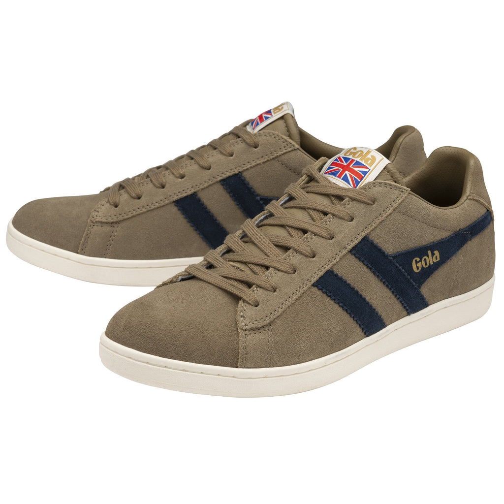 Pair of brown suede Gola trainers with navy blue stripes, logo, and Union Jack details.
