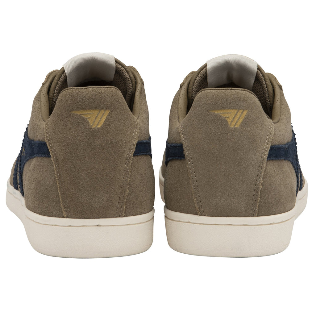 Rear view of two brown suede Gola trainers showing gold winged logo on the heels.