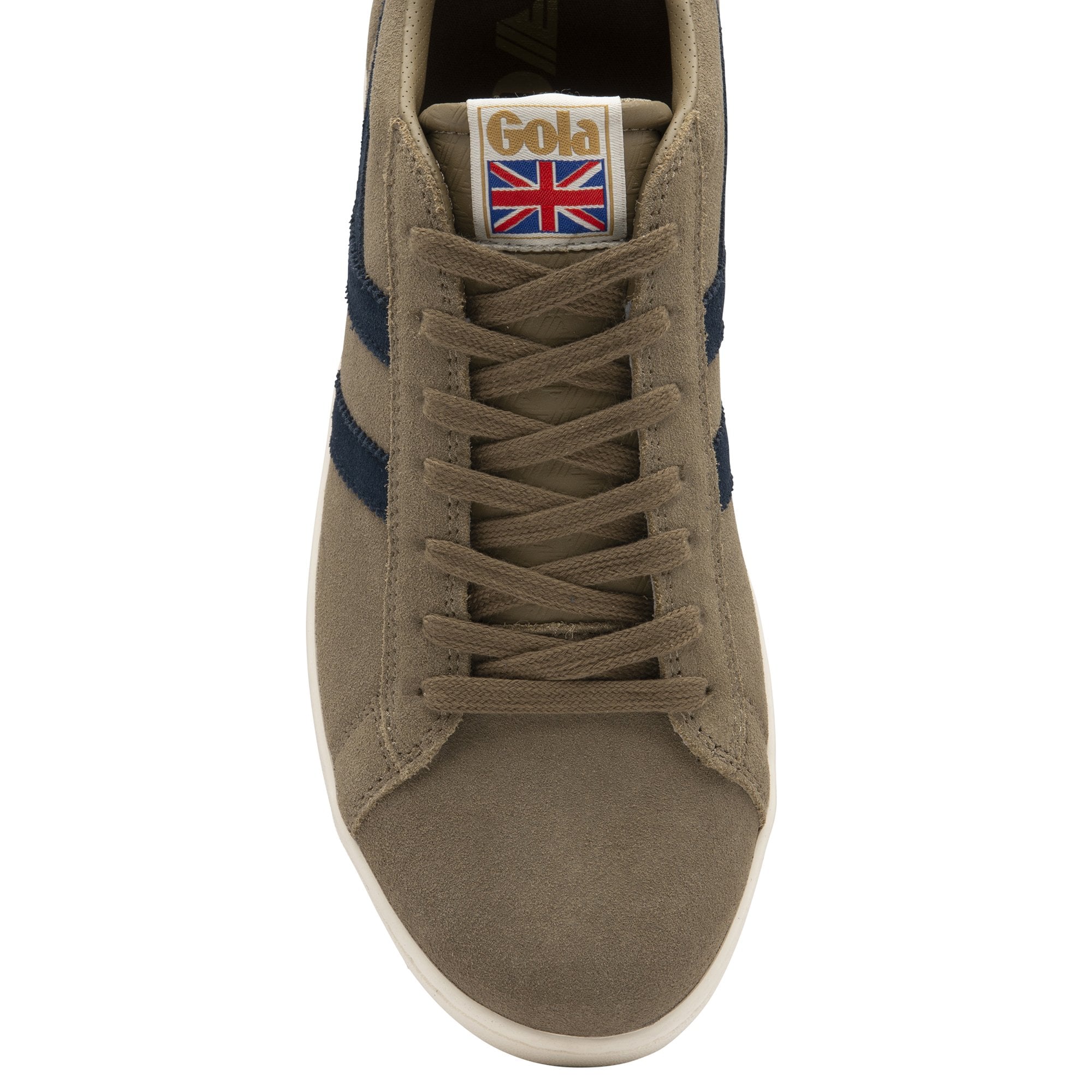 Top-down view of a brown suede Gola trainer, highlighting the laces and Union Jack tag.