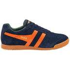 A navy blue Gola trainer with orange stripes on the side.