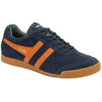 A single navy blue Gola trainer with orange stripes.
