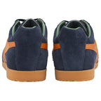 Back view of a pair of navy blue Gola trainers with orange stripes.