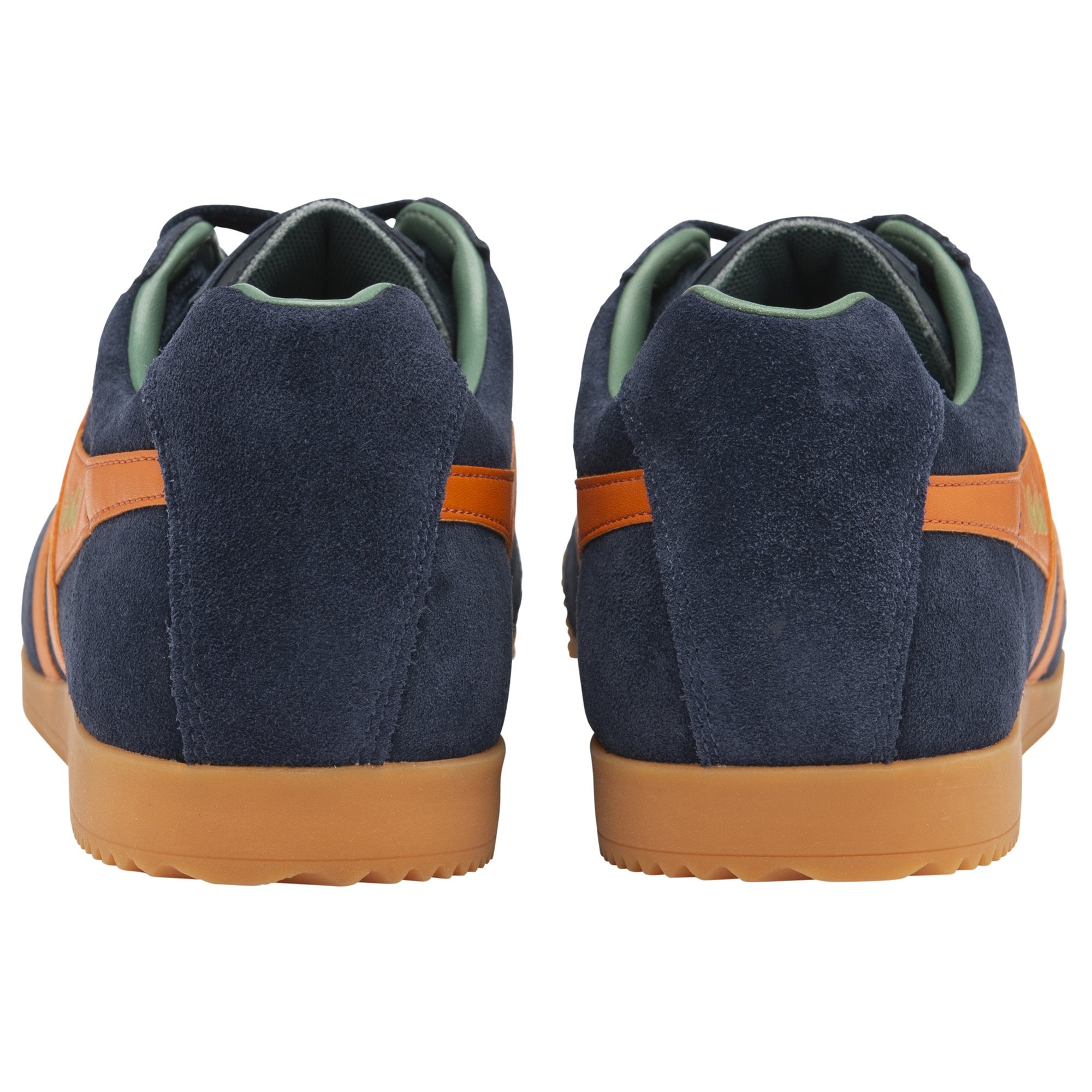 Back view of a pair of navy blue Gola trainers with orange stripes.