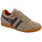 Angled side view of a Gola men's suede sneaker in khaki with navy stripes and orange accents.