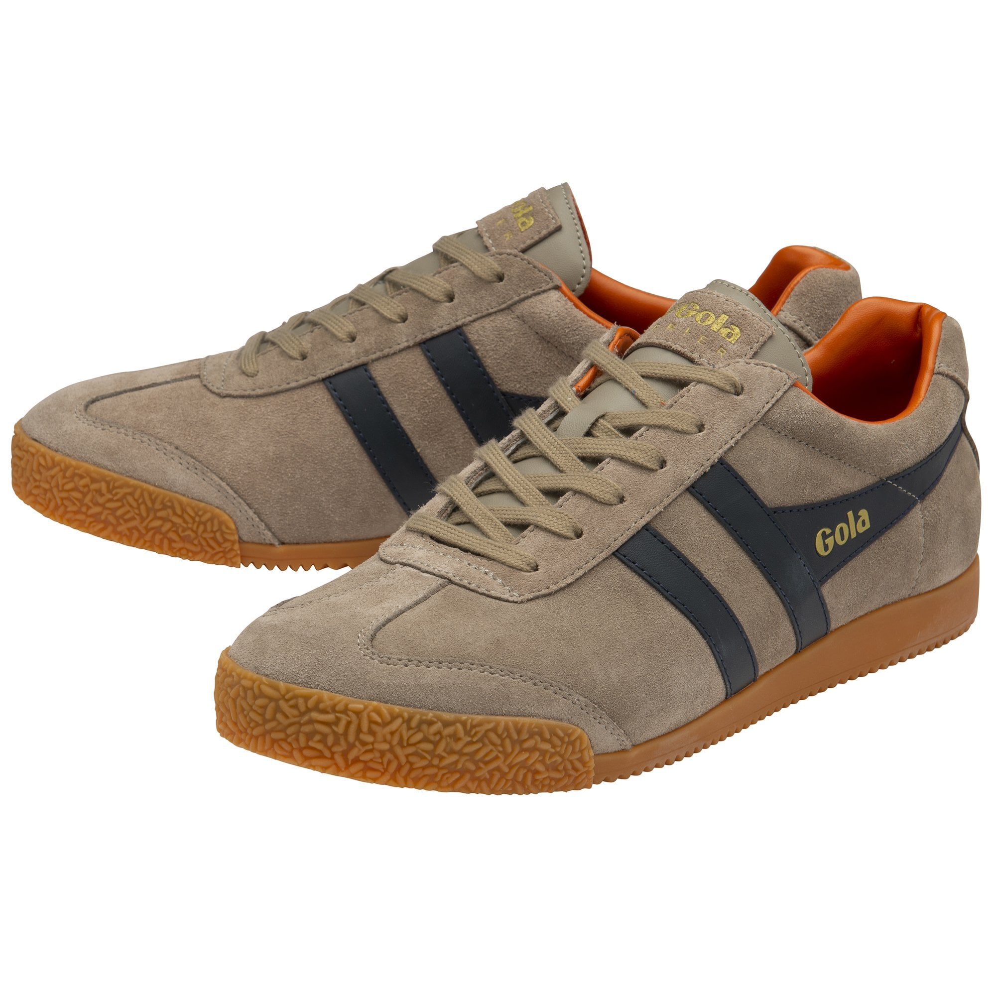 Pair of Gola men's suede sneakers in khaki with navy stripes and orange accents.