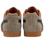 Rear view of a pair of Gola men's khaki suede sneakers with orange interior and soles.