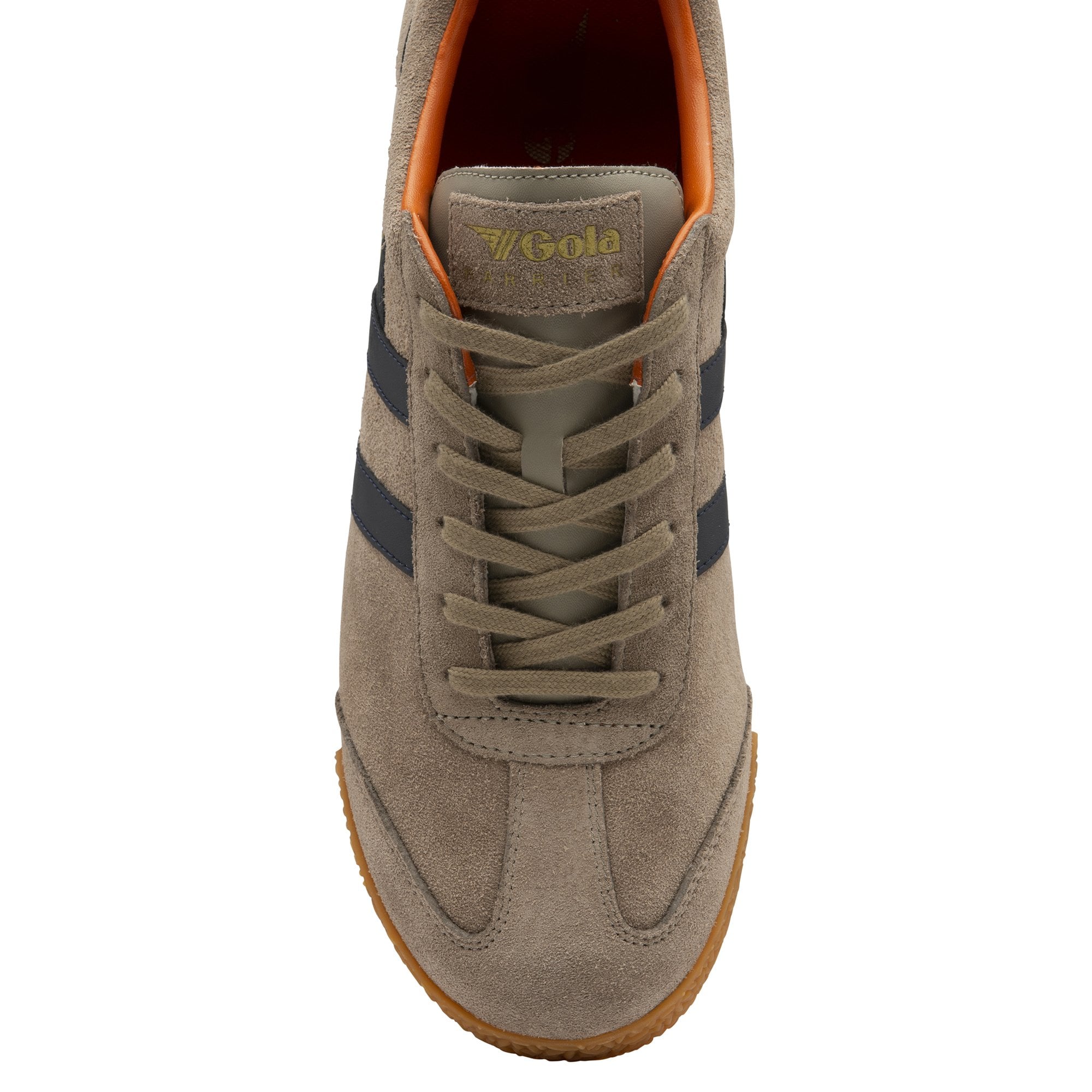 Top-down view of a single Gola men's khaki suede sneaker with navy stripes and orange accents.