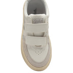 The front of a white and silver sneaker with two white velcro straps.