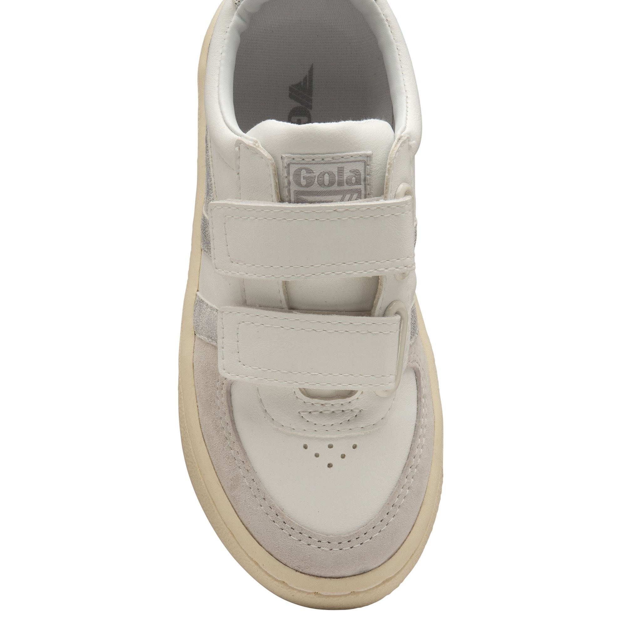 The front of a white and silver sneaker with two white velcro straps.