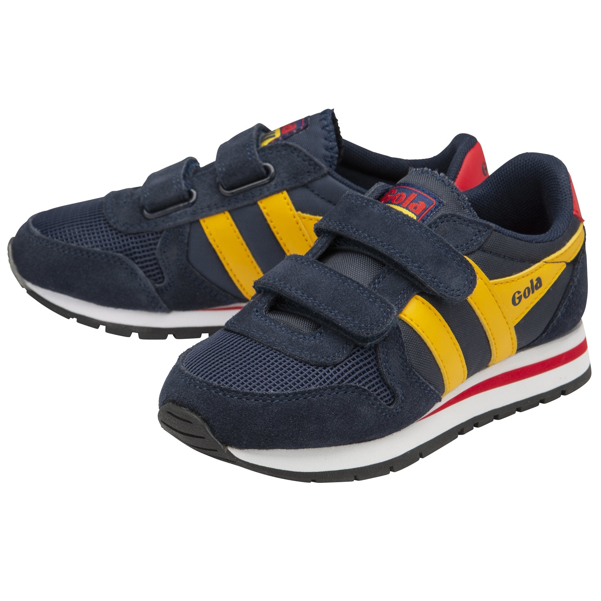 A pair of blue and yellow Gola kids' shoes with hook and loop fasteners, angled view.