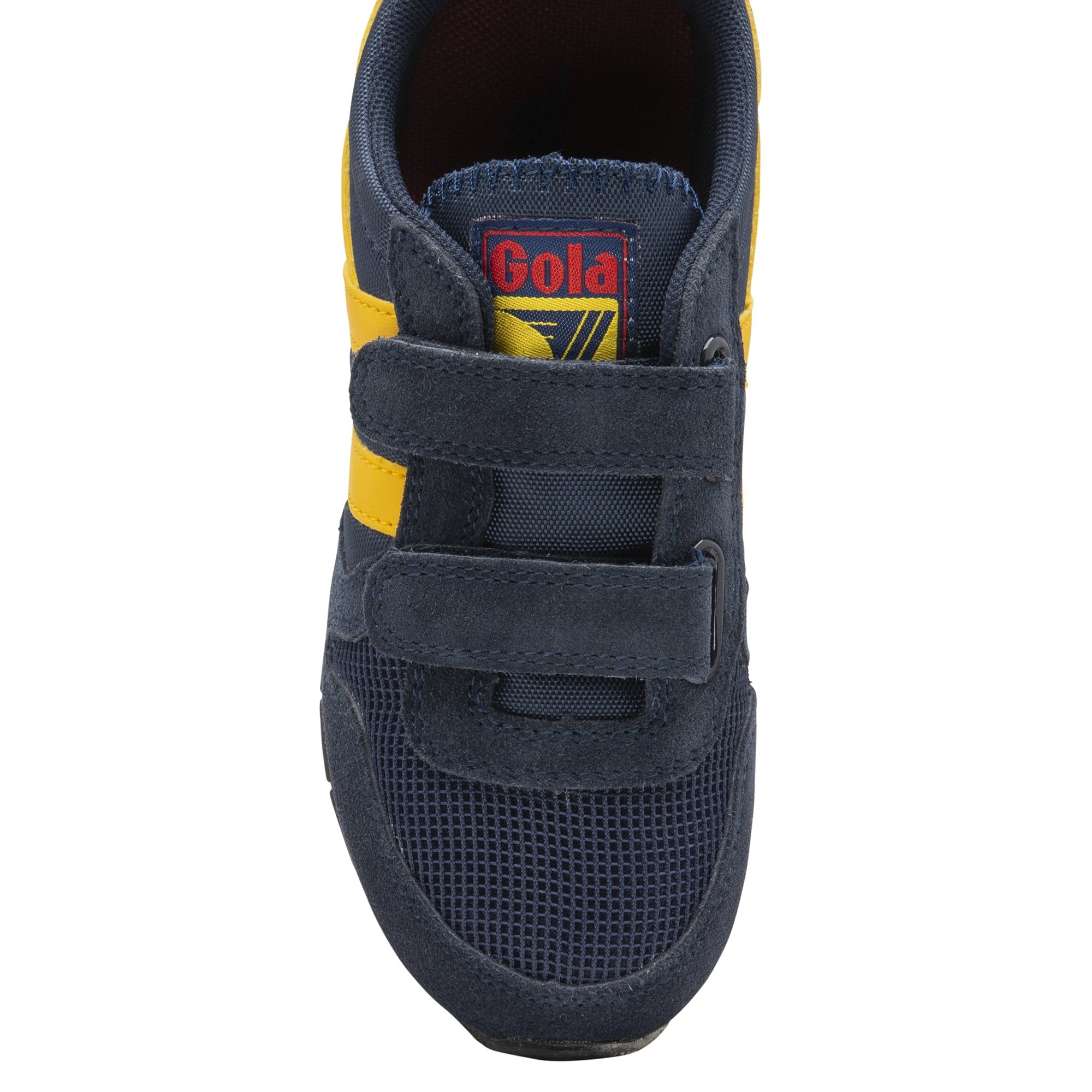 A single blue and yellow Gola kids' shoe with hook and loop fasteners, top down view.