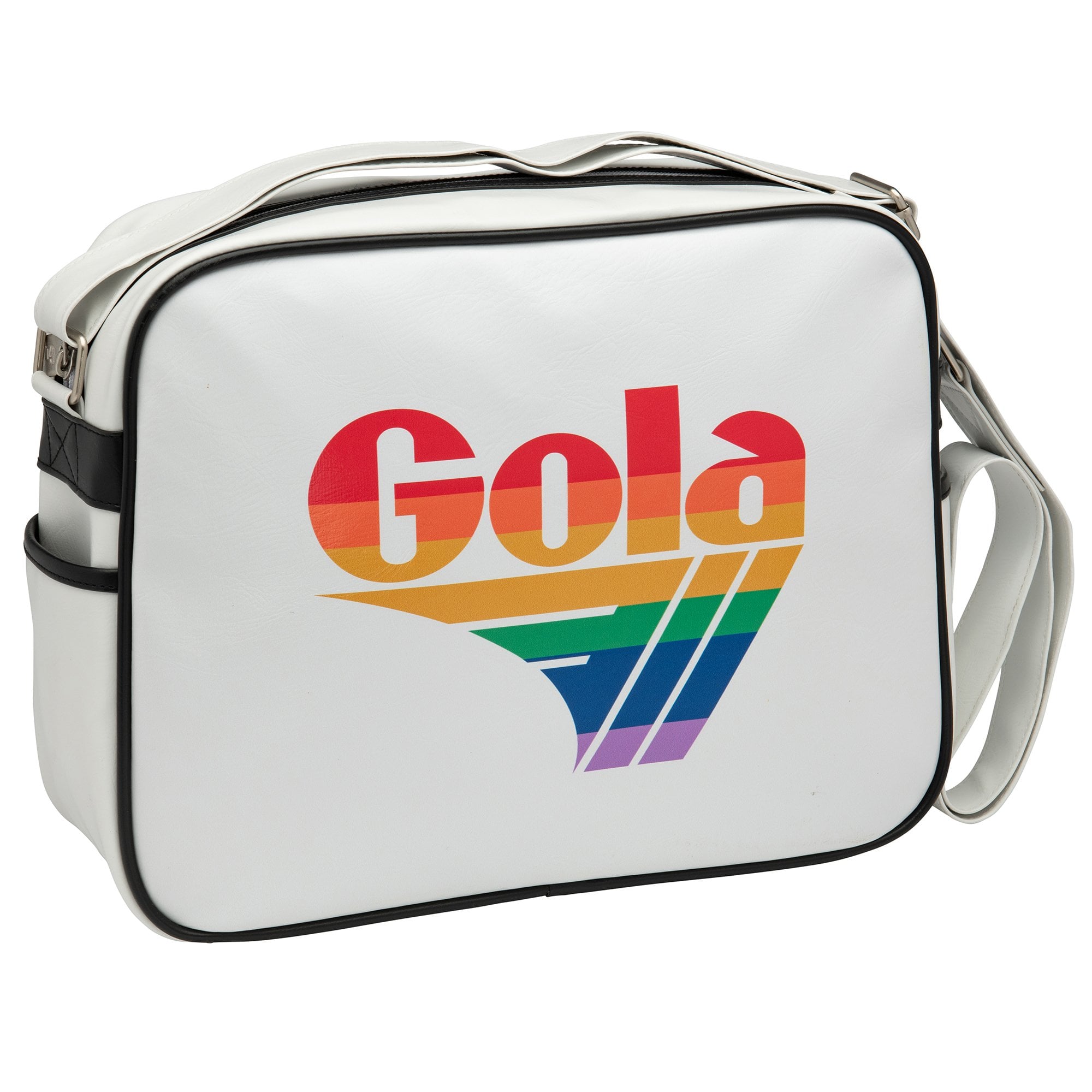 White messenger bag with Gola logo in rainbow colors, front three-quarter view.