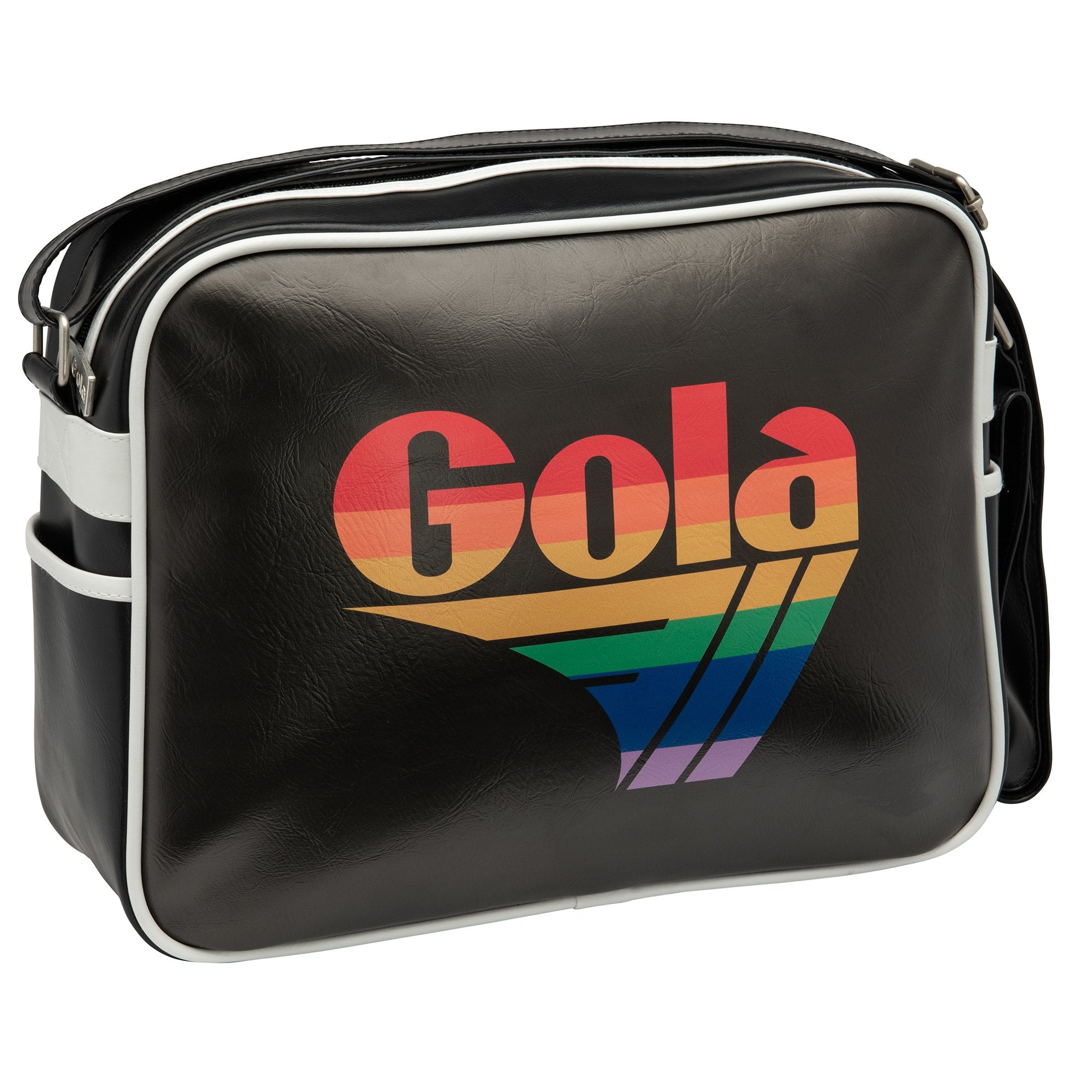 Black Gola bag with rainbow logo, angled view. A vibrant and practical shoulder bag.