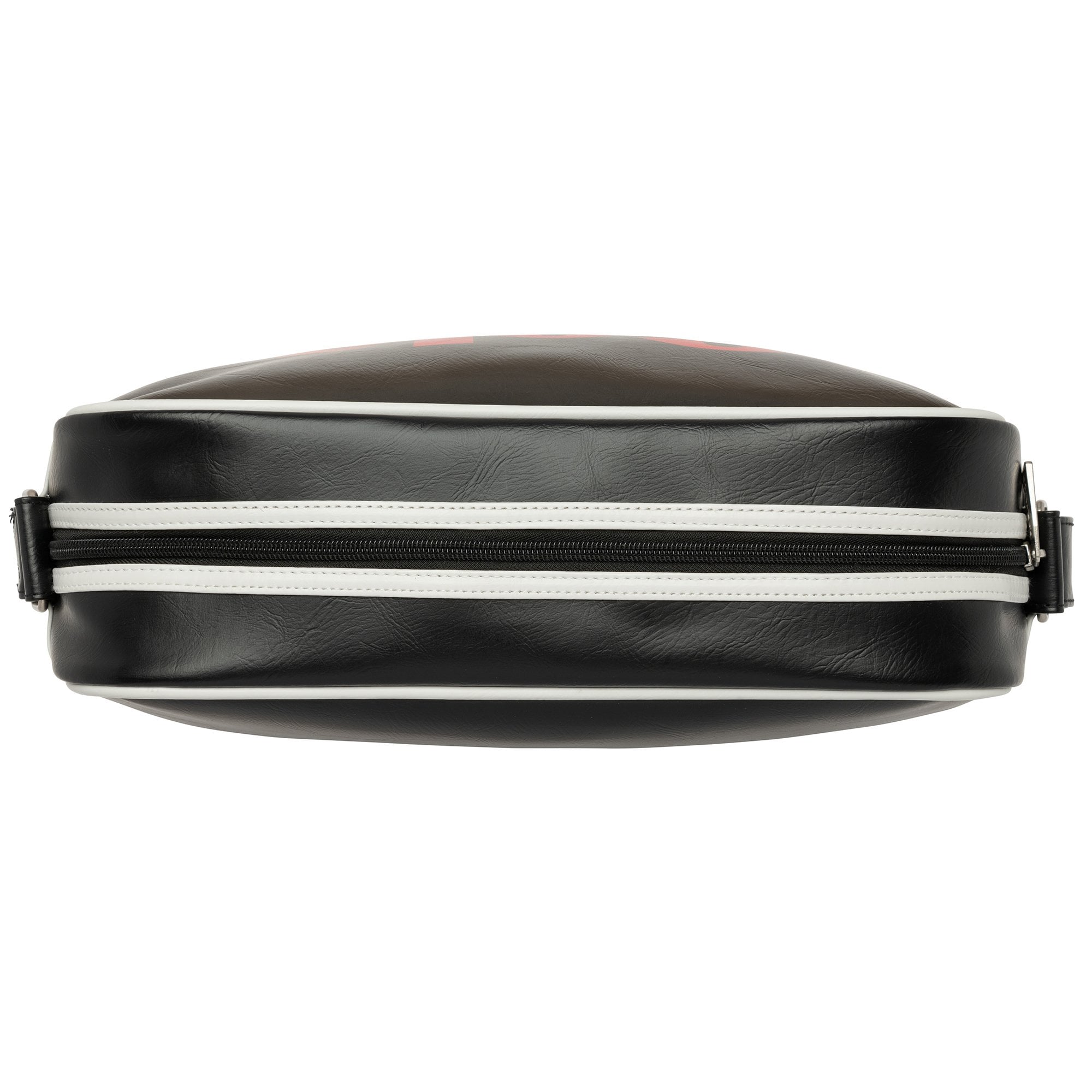 Top view of the black Gola bag, showing twin white zippers. Secure and spacious design.