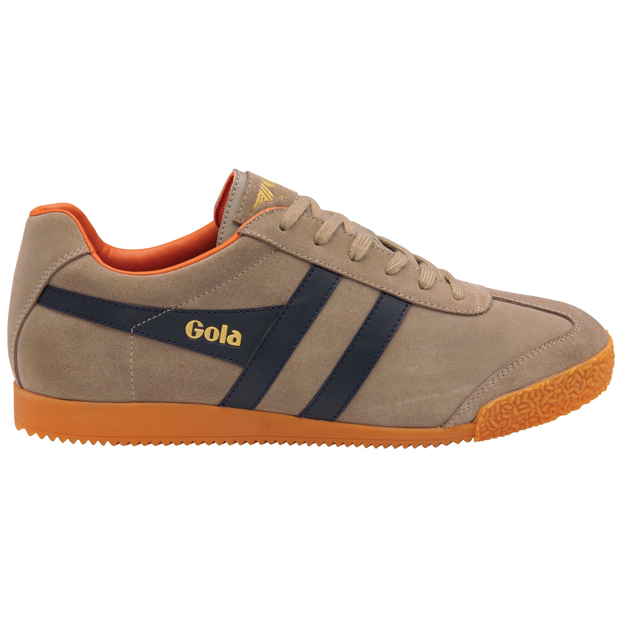 Side view of a single Gola men's suede sneaker in khaki with navy stripes and orange accents.