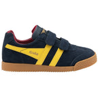 A navy blue Gola trainer with yellow stripes and velcro straps, viewed from the side.