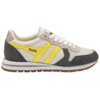 A side view of the Gola men's Hurricane trainer in off-white and gray with yellow accents.