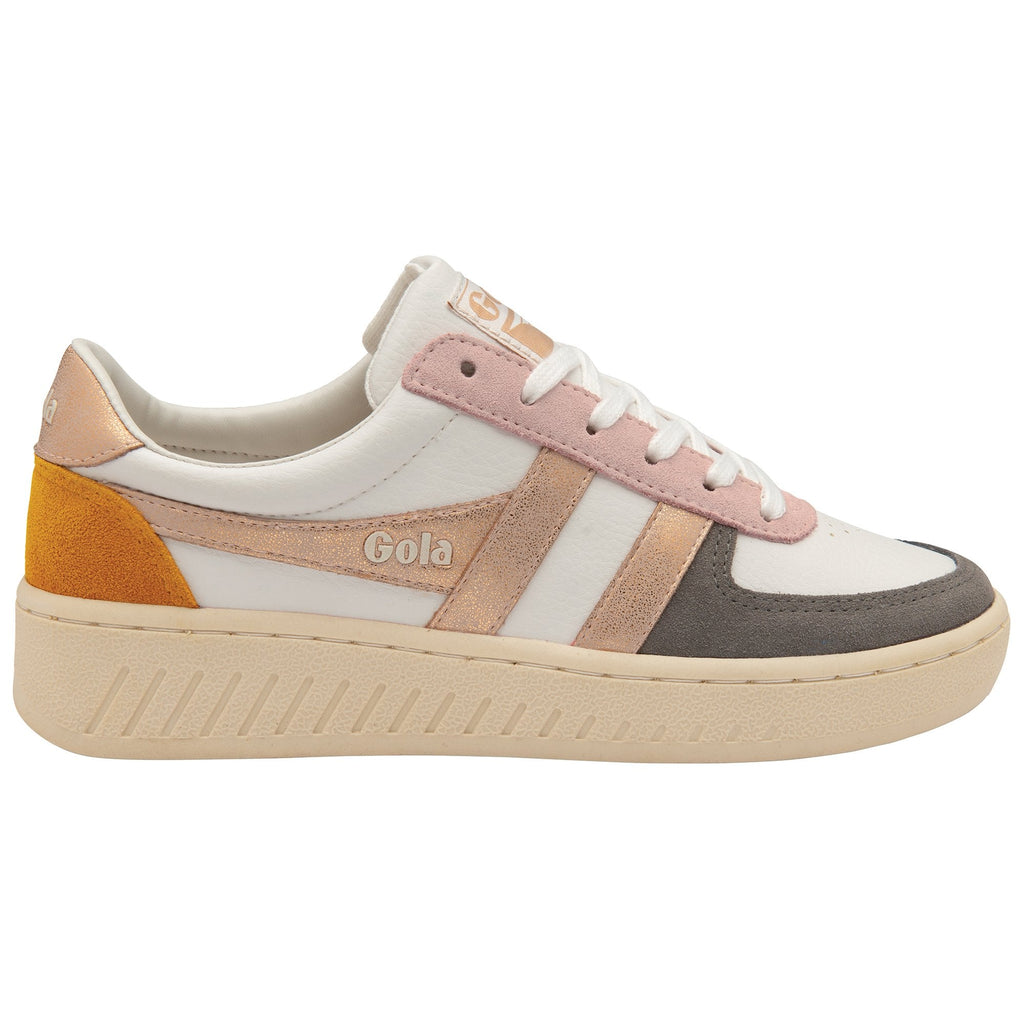A white Gola sneaker with rose gold, pink, and gray accents on a white background.