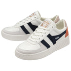 A pair of white Gola sneakers with navy stripes and orange heels, angled for display.