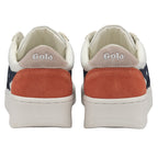 The back view of a pair of white Gola sneakers with orange heel accents and Gola branding.