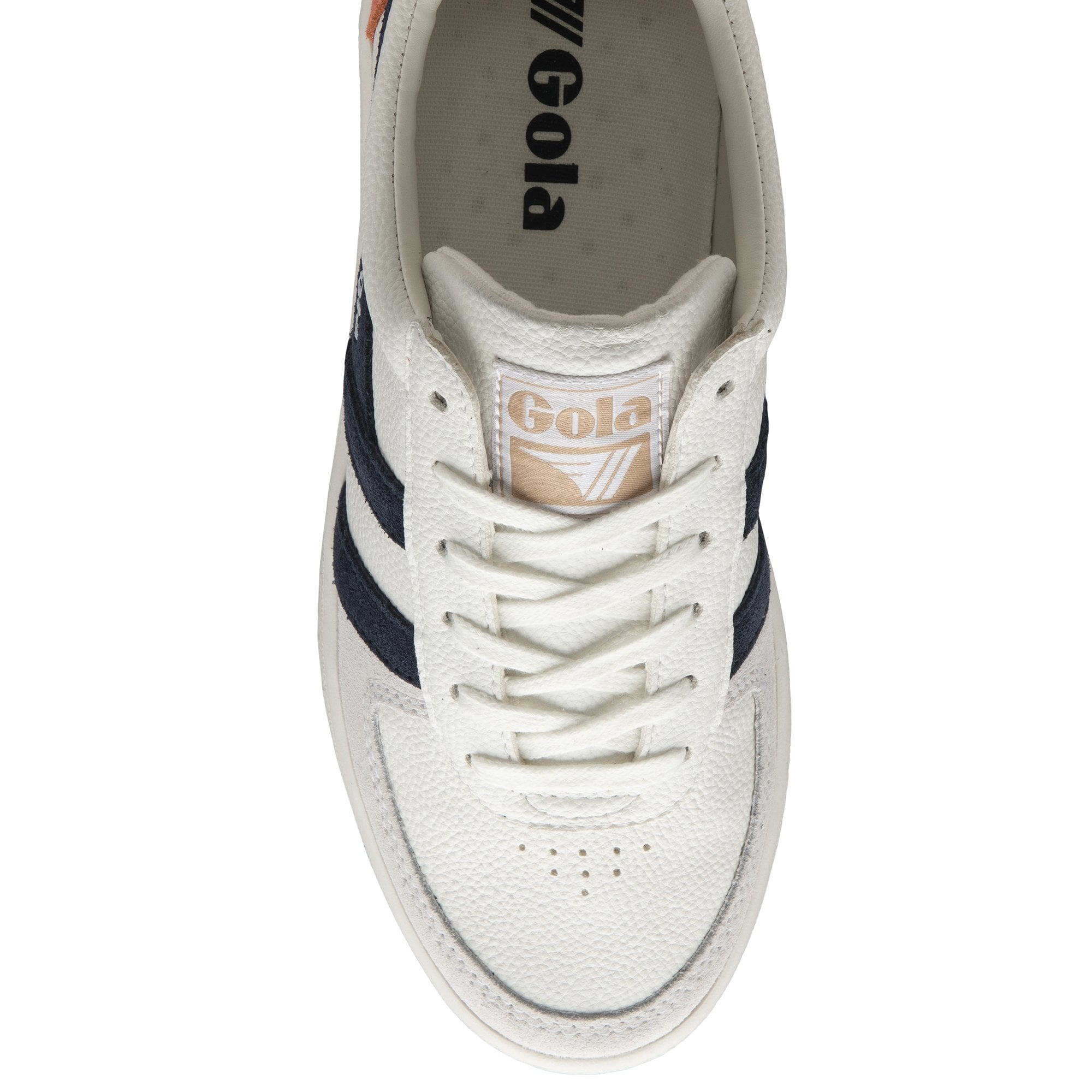 Top-down view of a white Gola sneaker with navy stripes and white laces.