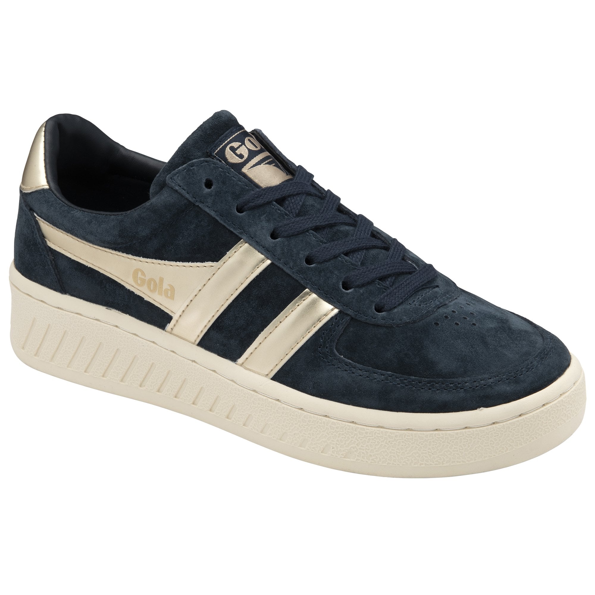 A single Gola women's low-top sneaker in navy with gold accents at a slight angle.