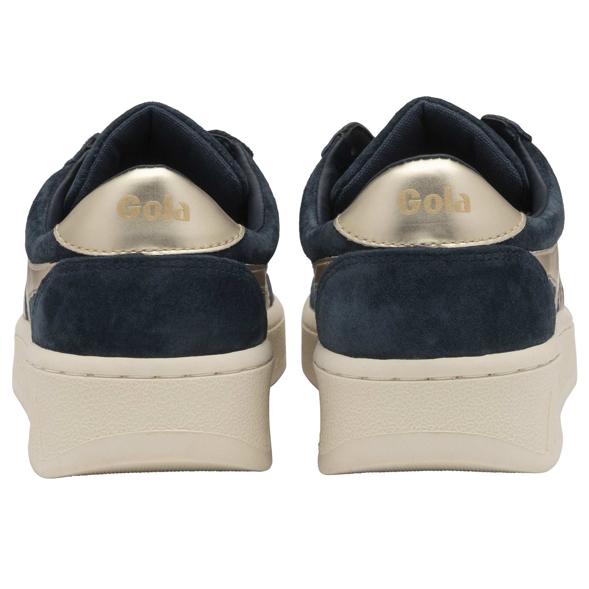 The back view of a pair of Gola women's low-top navy and gold sneakers.