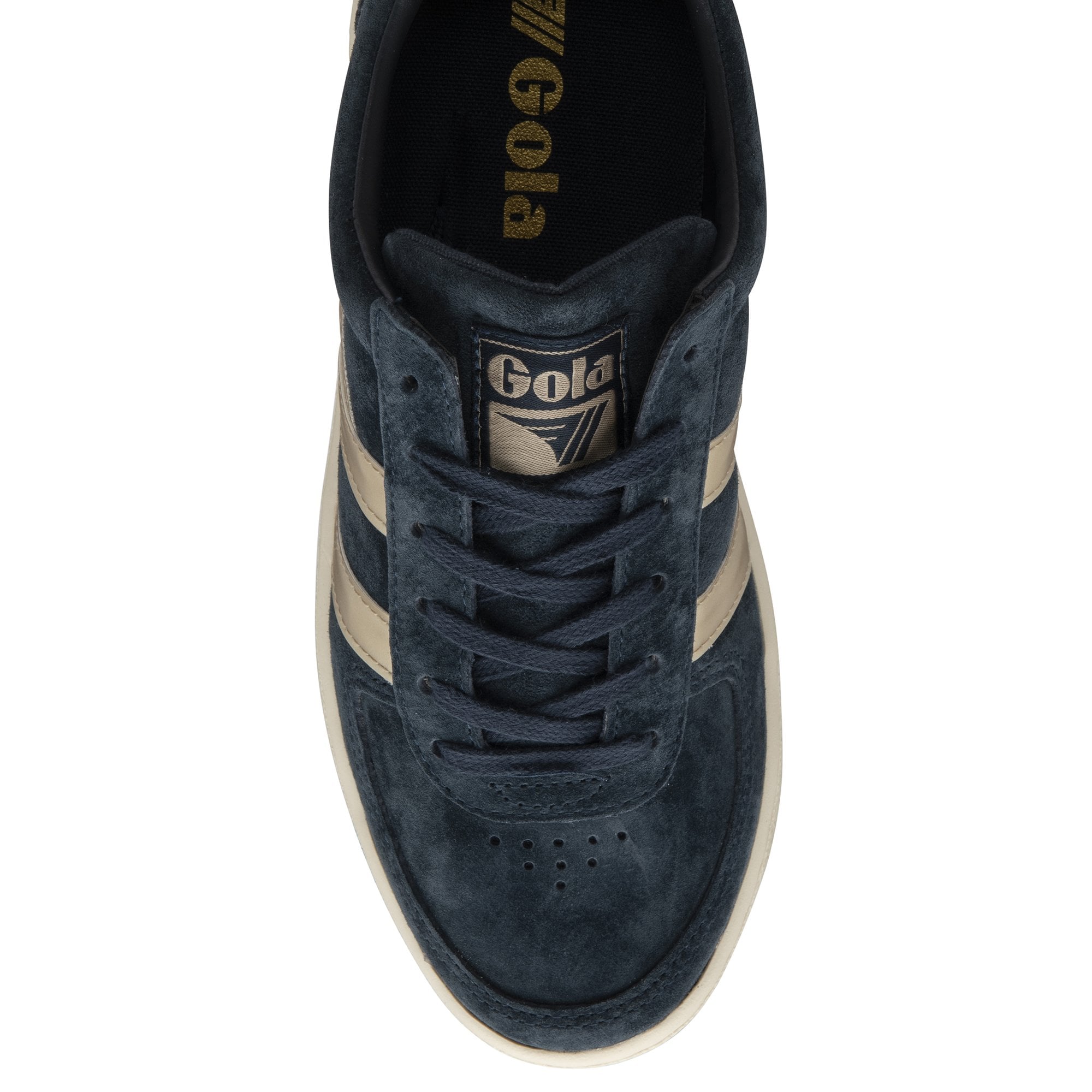 The top-down view of a single Gola women's low-top navy and gold sneaker.