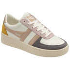 A white Gola sneaker with rose gold, pink, and gray accents and a yellow heel.