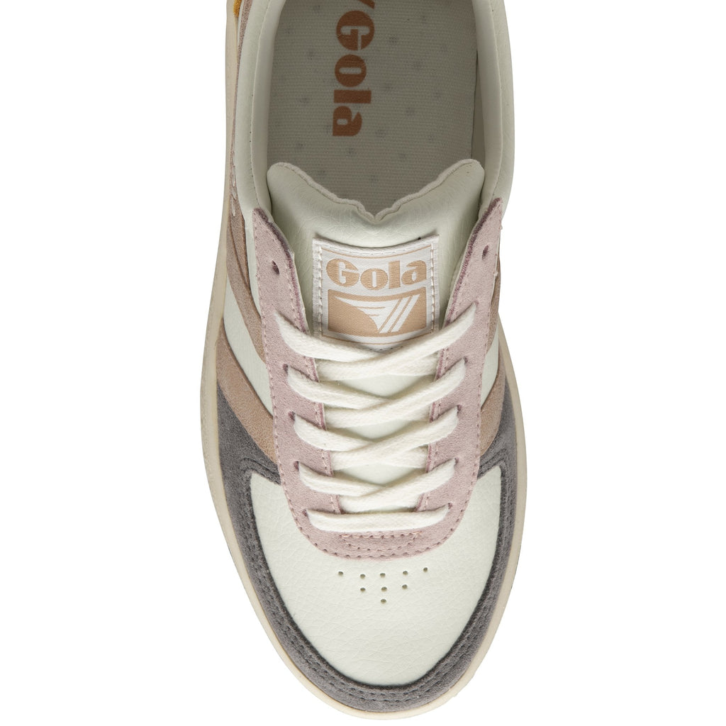 The top view of a white Gola sneaker with rose gold, pink, and gray accents.