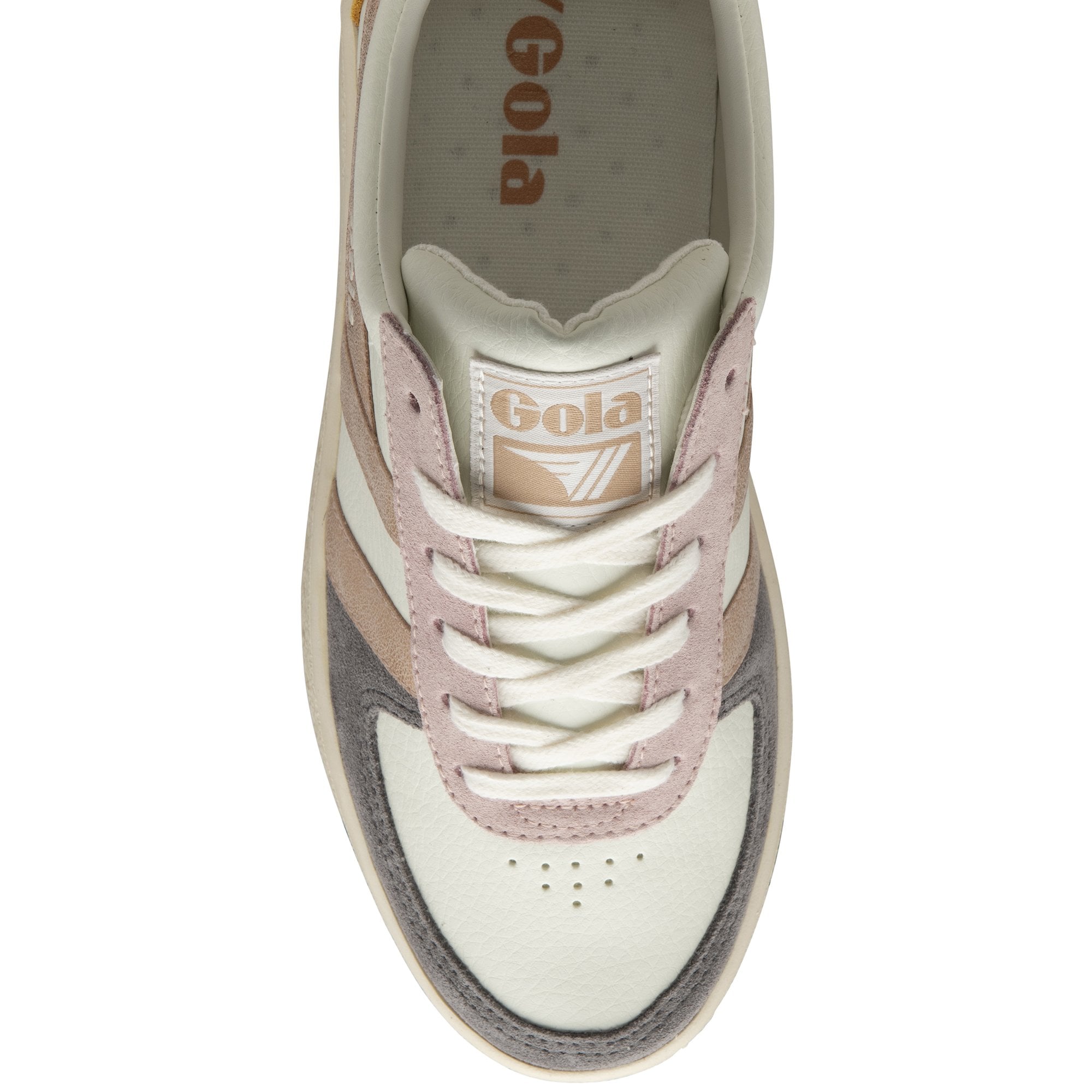 The top view of a white Gola sneaker with rose gold, pink, and gray accents.
