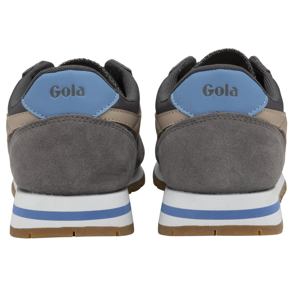 Rear view of a pair of gray Gola sneakers with blue heel tabs and white soles.
