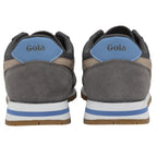 Rear view of a pair of gray Gola sneakers with blue heel tabs and white soles.