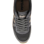 Top-down view of a single gray Gola sneaker with tan stripes and gray laces.