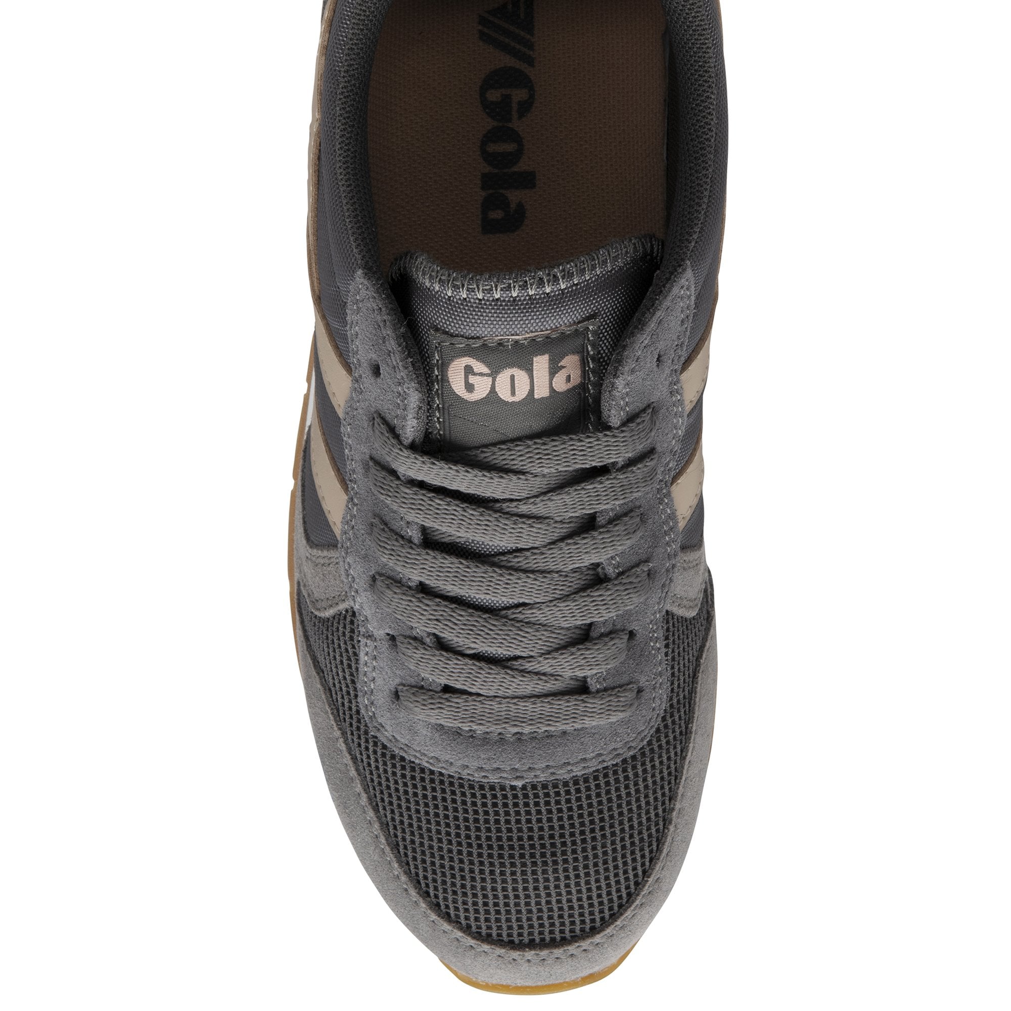 Top-down view of a single gray Gola sneaker with tan stripes and gray laces.
