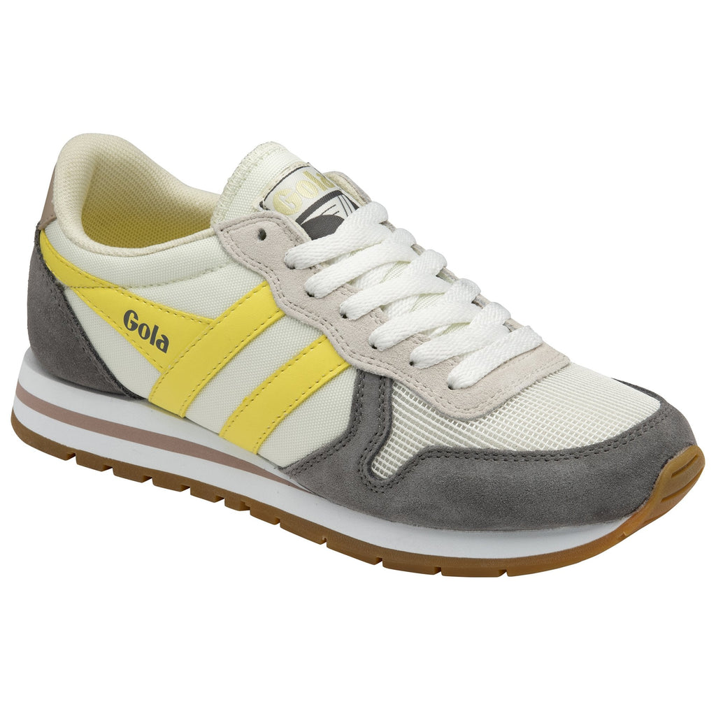 An angled view of the Gola men's Hurricane trainer in off-white and gray with yellow accents.